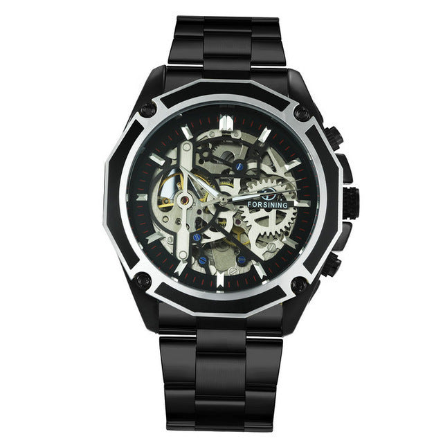 Forsining automatic mechanical watch steel band hollow luminous men's watch fashion mechanical wrist watch wholesale