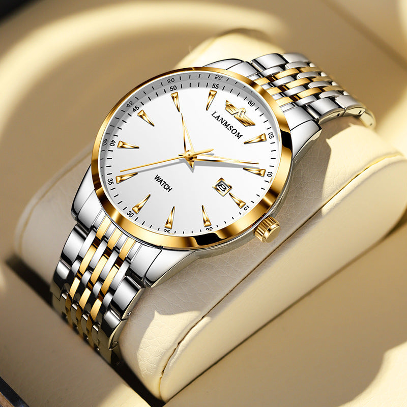 Langsuo Men's Watch Classic Simple Stainless Steel Quartz Men's Watch Waterproof Luminous Calendar Week Business Watch for Men