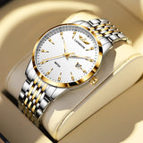 Langsuo Men's Watch Classic Simple Stainless Steel Quartz Men's Watch Waterproof Luminous Calendar Week Business Watch for Men