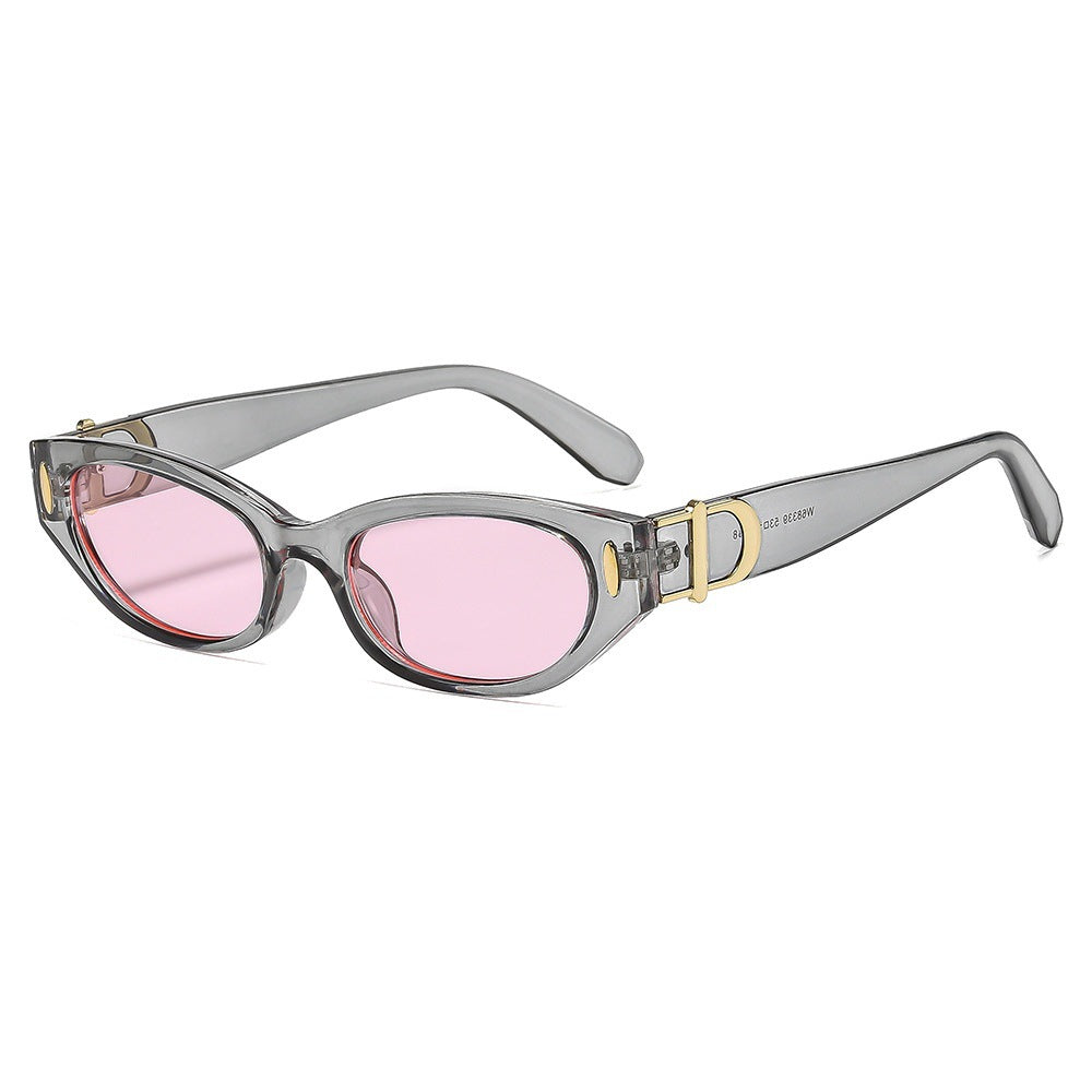 New Cross-Border French Retro Style Narrow-Frame Cat-Eye Sunglasses with Metal Letter Decoration and Rivet Details, Niche Design Sunglasses