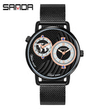 Sanda Fashion Belt Watch Creative Large Dial Dual Time Zone Quartz Men's Watch Casual Mesh Strap Men's Business Watch