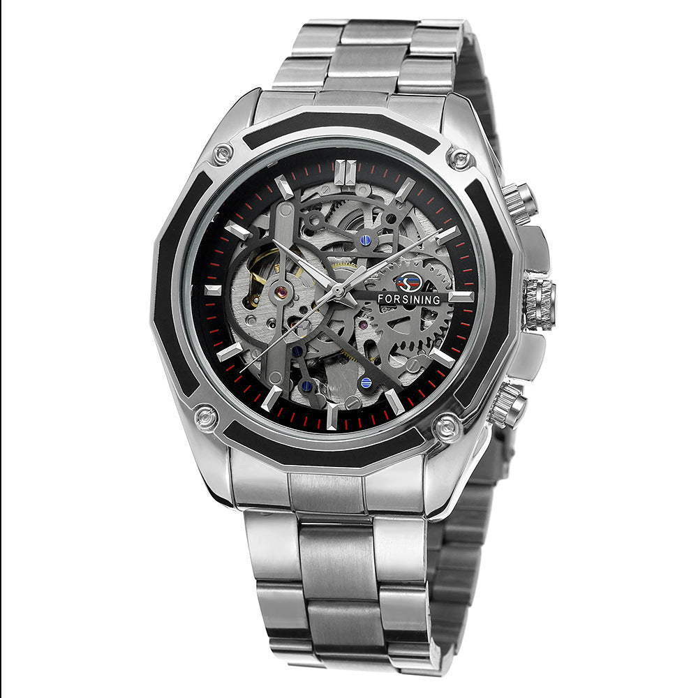 Forsining automatic mechanical watch steel band hollow luminous men's watch fashion mechanical wrist watch wholesale