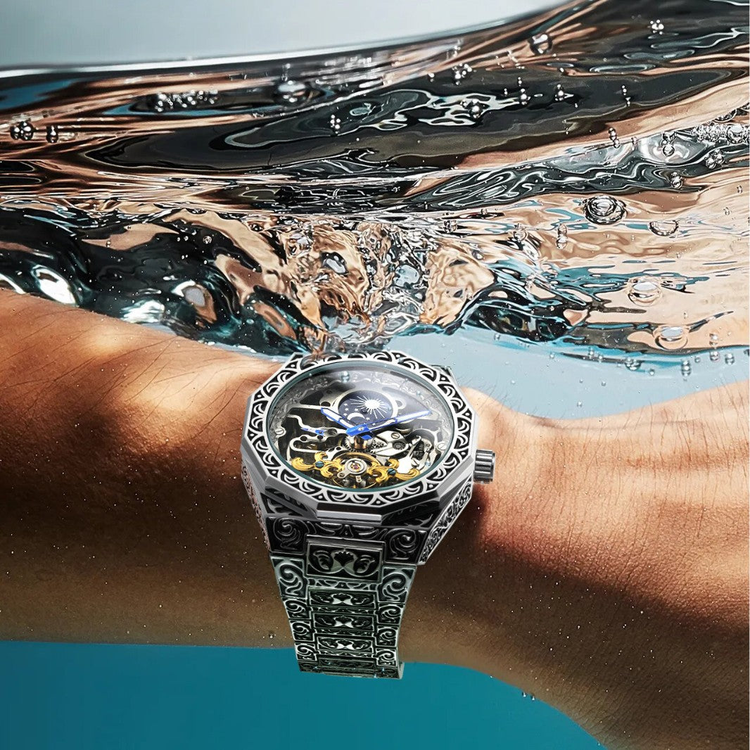New Forsining Men's Automatic Mechanical Watch, Vintage Hollow Transparent Case, Men's Fashion Engraved Mechanical Watch