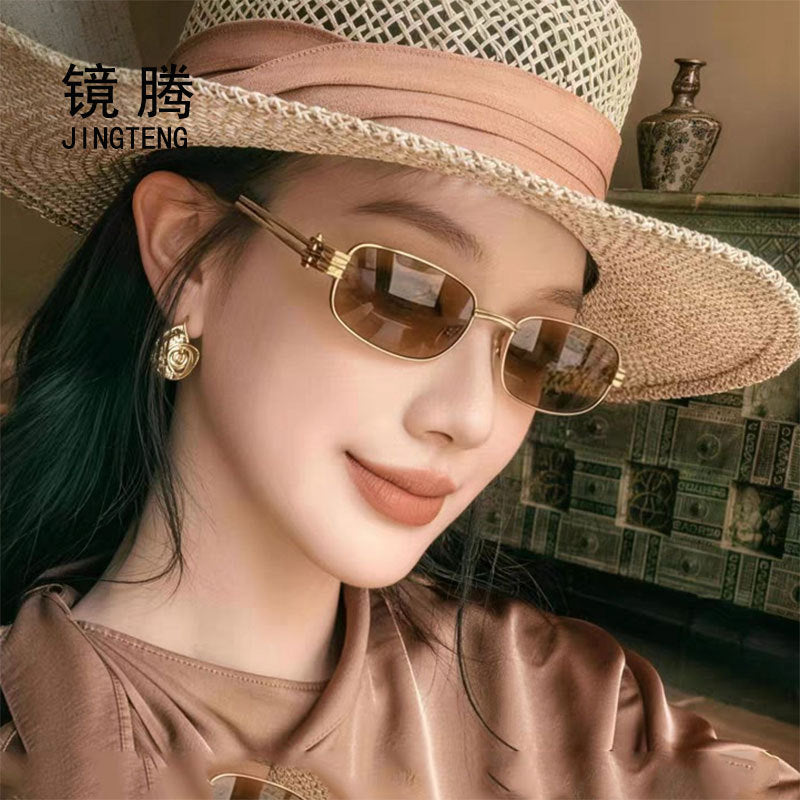 Trendy Old Money Style Square Narrow Frame Sunglasses for Women, High-End Metal Small Frame, Small Face Y2K Sunglasses, Uv Protection