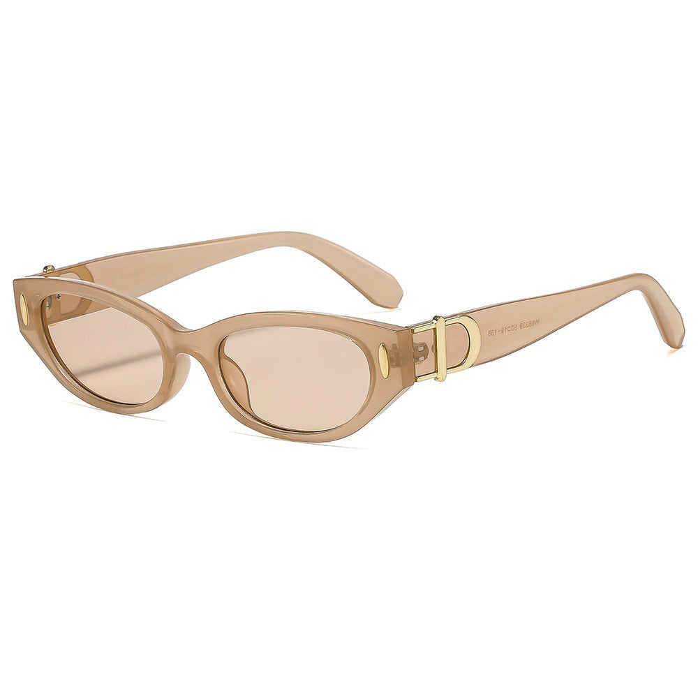 New Cross-Border French Retro Style Narrow-Frame Cat-Eye Sunglasses with Metal Letter Decoration and Rivet Details, Niche Design Sunglasses