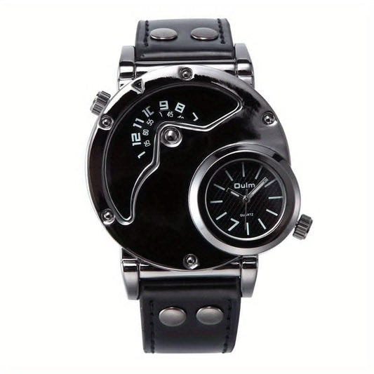 Unique Double Time Zone Men's Sports Quartz Watch with PU Leather Strap