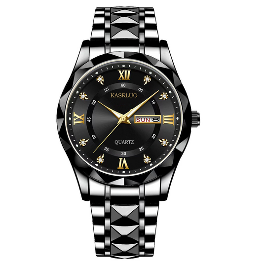 Stainless Steel Men's Watch – Roman Numerals, Rhinestones, Luminous Dial (Black)